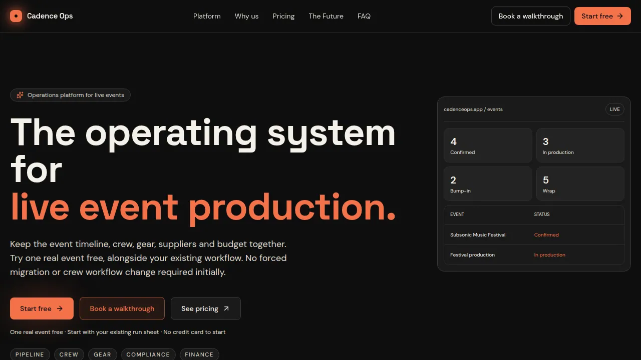 Cadence Ops event production operations platform screenshot