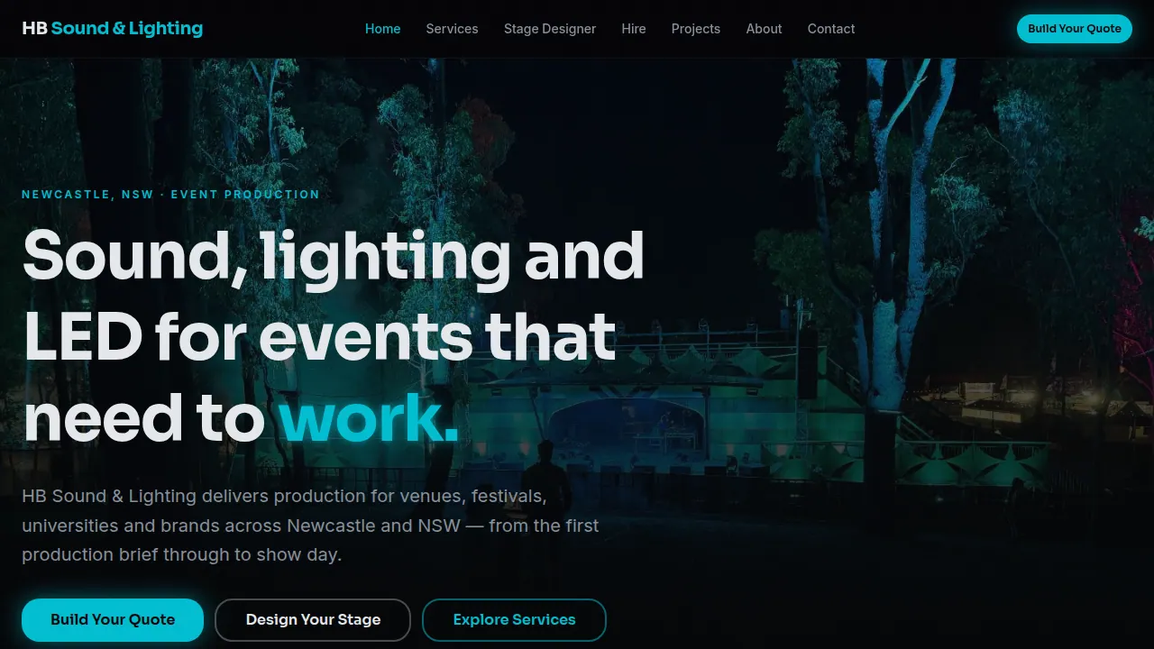 HB Sound & Lighting website and 3D stage designer screenshot
